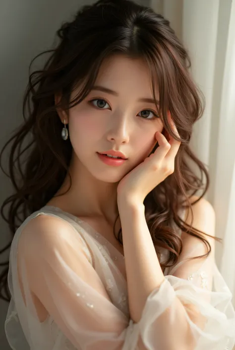 a serene, contemplative young woman with long, wavy hair gently resting her hand against the side of her head in a thoughtful po...