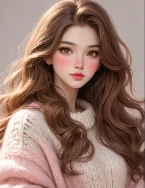 girl, long soft flowing brown hair, golden brown eyes, sharp features, white skin, perfect pink lips, sweater.