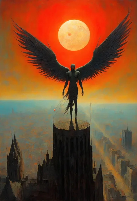 Mythical Creatures , author:Zdzislaw Beksiński、Red eyes、Red Moon、One-Winged Angel、modern city