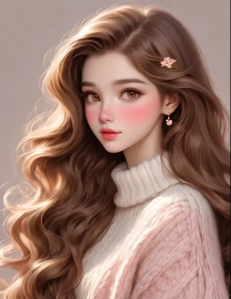 girl, long soft flowing brown hair, golden brown eyes, sharp features, white skin, perfect pink lips, sweater.