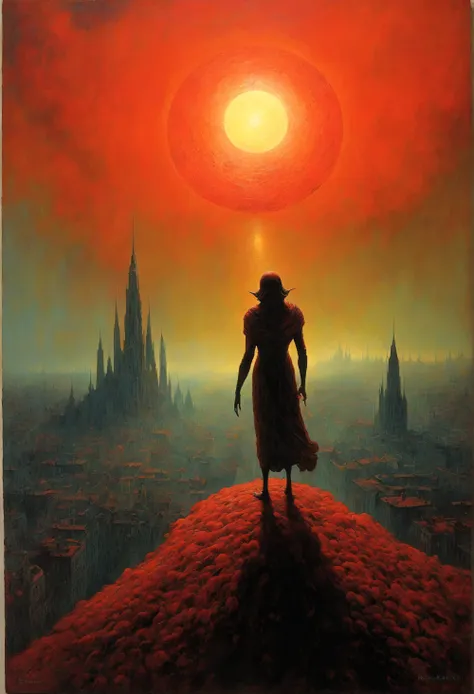 Mythical Creatures , author:Zdzislaw Beksiński、Red eyes、Red Moon、modern city