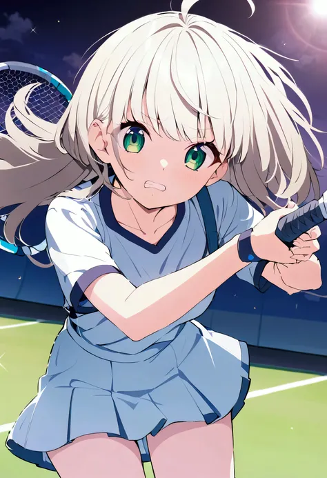 Best Quality、8k、Representative Works:1.3、 girl、1 person、1 personで、 petite and glamorous body 、curve、cute、Raise your eyes、 clench your teeth、Beautiful long platinum blonde hair 、 beautiful emerald green eyes 、Wear tennis clothes and hold a tennis racket 、Te...