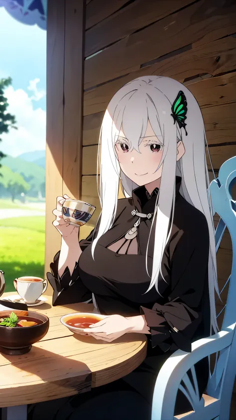 drinking tea,echidna,silver hair,smile,smile,plump,