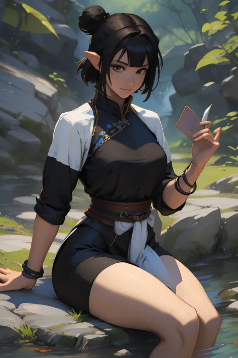 there is a woman sitting on a rock reading a book, artwork in the style of guweiz, by yang j, by li song, by zhou chen, by zou z...