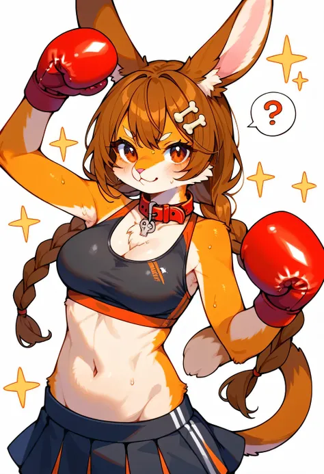 score_9, score_8_up, score_7_up, score_6_up, score_5_up, score_4_up, source_cartoon, best quality, amazing quality, very aesthetic, absurdres, 1girl, (furry, kemono:1.2), rabbit, rabbit girl, rabbit ears, rabbit tail, breasts, boxing gloves, brown hair, skirt, hair ornament, tail, navel, smale breasts, twin braids, armpits, smile, bone hair ornament, braid, spoken question mark, looking at viewer, collar, red eyes, cleavage, blush, black skirt, solo, low twin braids, red collar,  sparkle, pleated skirt, arms up, miniskirt, midriff, closed mouth, crop top, long hair, brown eyes, cartoon bone, cowboy shot, animal collar, sweat, sports bra, adapted costume, stomach, v-shaped eyebrows, brown tail, hairclip,