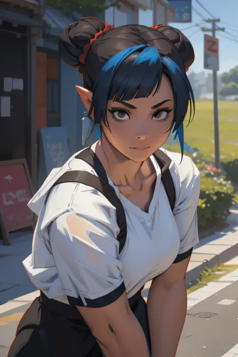 there is a woman with blue hair taking a selfie, short blue hair, with blue hair, blue short hair, short blue hair!!!, messy blue hair, halfbody headshot, blue hairs, blue hair, short blue haired woman, chloe price, sky blue highlights in hair, cyberpunk d...