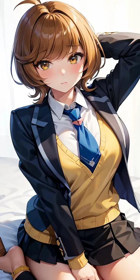 1 Female,High definition,high resolution,Ultra-realistic,8K, hmza, short hair, antenna hair, brown eyes, school uniform,( blue necktie), (yellow shirt),(black jacket), long sleeves, black skirt,tight skirt , ((miniskirt)), large breasts,European,sexy,Upper...