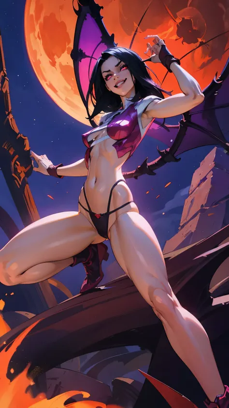 girl, warrior, mndngwmn, AvaAddams, legs spread wide open, evil look, action stance, sexy, sheer see through panties lowleg, claws, fangs, demonic presence, red glowing eyes, combat stance, vibrant appearance, creative behavior, menacing, evil smile, imagi...