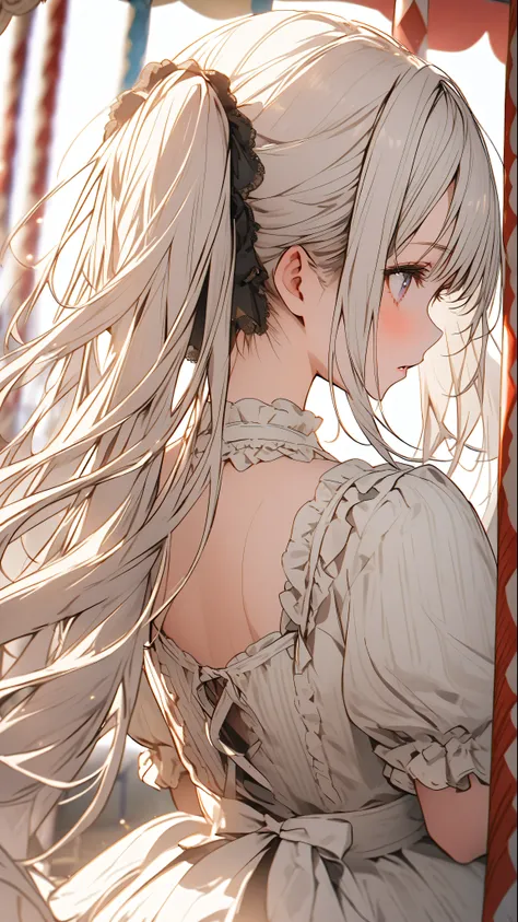 Beautiful girl with white hair，Double ponytail long straight hair，Riding on a carousel，Lolita，Lolita鞋，An empty amusement park，Full body close-up，Back，Turn around