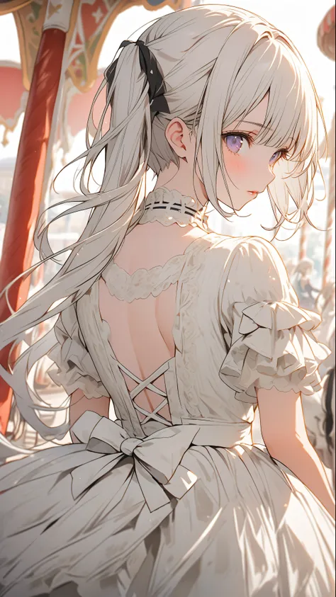 Beautiful girl with white hair，Double ponytail long straight hair，Riding on a carousel，Lolita，Lolita鞋，An empty amusement park，Full body close-up，Back，Turn around