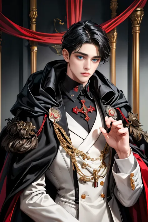 masterpiece, 最High image quality, High image quality, 1. Boy, alone, Focus on men, upper body, watching the audience , Untidy black hair , Adorable big blue eyes, white, Noble, Noble,Sexy voluminous 、 very tall big
Very voluminous with stand-up collar, bi...