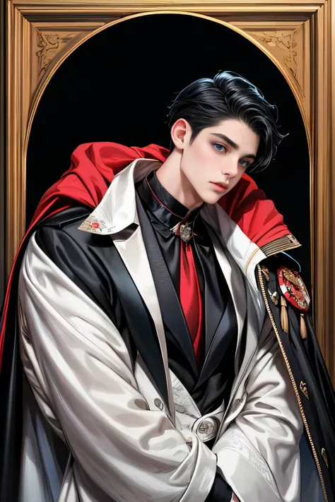 masterpiece, 最High image quality, High image quality, 1. Boy, alone, Focus on men, upper body, watching the audience , Untidy black hair , Adorable big blue eyes, white, Noble, Noble,Sexy voluminous 、 very tall big
Very voluminous with stand-up collar, bi...
