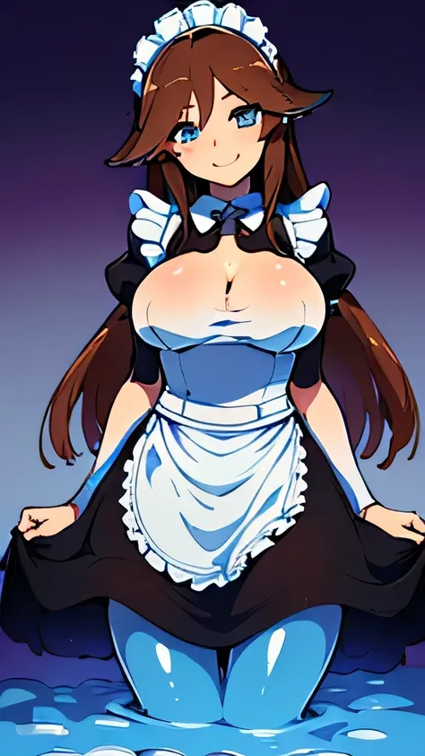 ((masterpiece, best quality ,Ultra delicate, perfect face,Detailed eyes,16k,high resolution)),((brown long hair,high viscosity light blue slime girl  , Melting below the legs:1.3,,Best Anime)), ,( 1 girl),Large Breasts,( Maid Costume ,smile:1.4),cowboy sho...