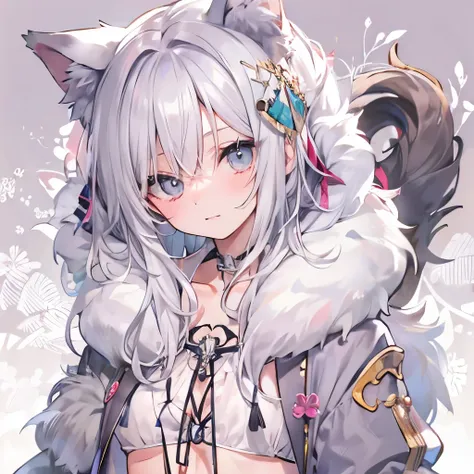 cat girl with ears, gray hair, white eyes, fur bikini, cat&#39;s eyes, fur jacket, full body ((white background))