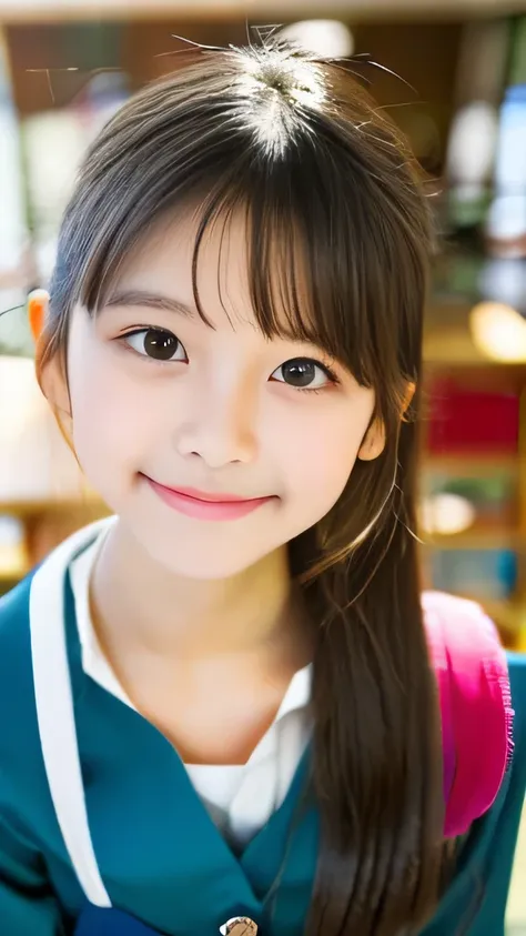 very detailed , high quality, masterpiece, (((very beautiful elementary school student)))、school classroom、bright smile、8k、reali...