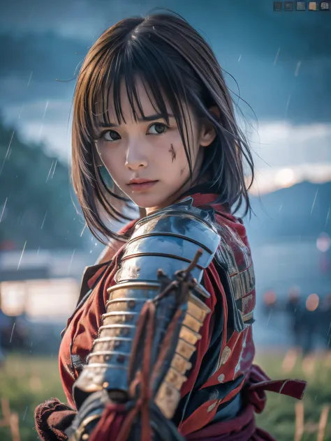 (Close up portrait of one slender small breasts round face brown short hair with bangs girl in a green colored dirty bloody armor warrior as samurai in Japan at raining:1.5)、(One girl hold Japanese traditional white blade sword on hand under the raining sk...