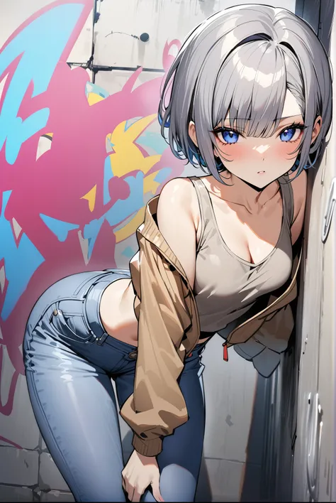 ((Highest quality, masterpiece:1.3)), (cowboy shot), (Sharp focus:1.2), (Beautiful woman with perfect figure:1.4), (24-year-old female), (One Woman), (((blackish silver sheer short haircut))), (high-waisted wide-leg jeans), (womens grey tank top), (loose-f...