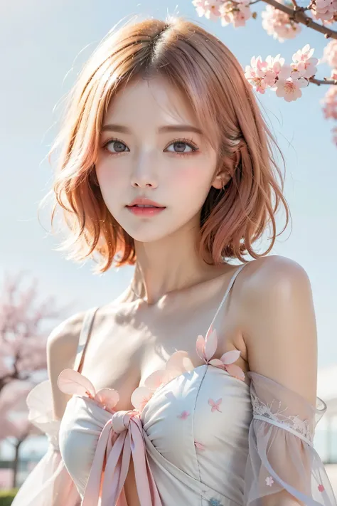 light pink hair, pink eyes, in Pink and white, Cherry blossom leaves, bright colors, white dress, paint splatter, simple background, Ray tracing, curls