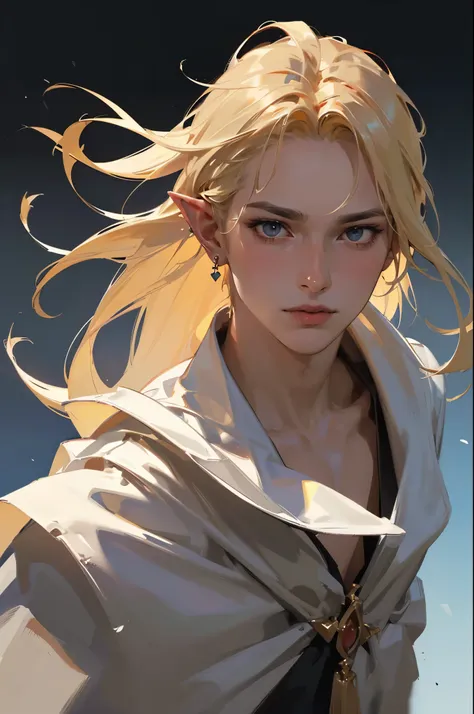 Male elves,  very long blonde , Long hair, frustrated face , Blusher,  fantasy background, Detailed background, earring, many jewel, (masterpiece:1.21),(bestquality:1.21),8k, highly detailed ,  Very Detailed  ,  Pictures from Night Stress  , Award-winning ...