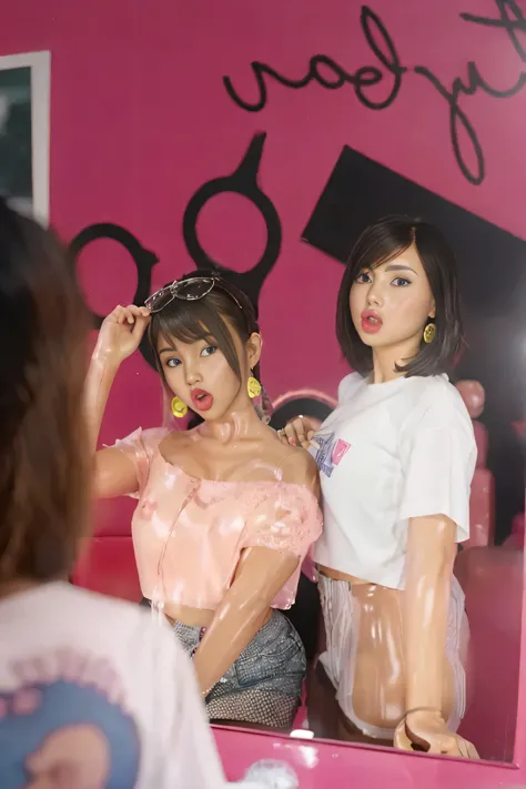 ((Best quality, ultra quality, ultra detailed, 8K, Masterpiece:1.3, 2 girls)), wet body, Ultra quality, ultra detailed, masterpiece, 4K quality, Latex skin, lovedoll, sexdoll, shinny latex sexdoll skin, sexdoll eyes, transparent latex clothes, nsfw, sexdol...