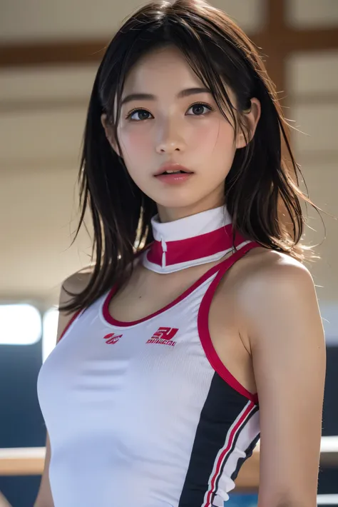 (8k, RAW photo,Best Quality,  Kampala:1.1), (超Realisticな:1.4),(Realistic, Realistic:1.3),The beauty of Japan、Rhythmic Gymnastics Club、  rhythmic gymnastics uniform 、(( upper body:1.3))