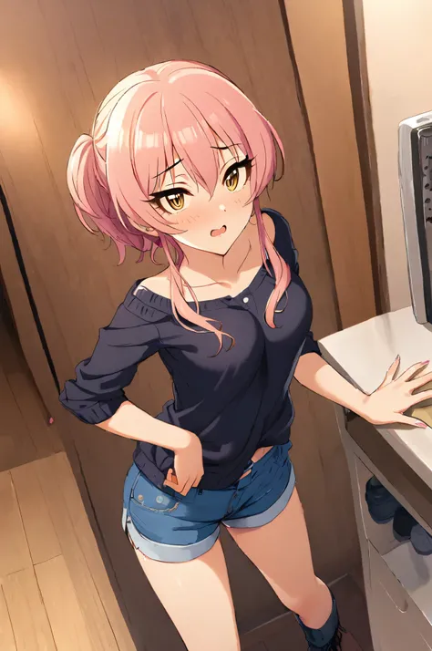NSFW,masterpiece,Best Quality, Kampala, very detailed ,Mika Jougasaki ( The Idolmaster Cinderella Girls),Pink Hair、 yellow eyes,(Sex slave), casual, shorts,blush