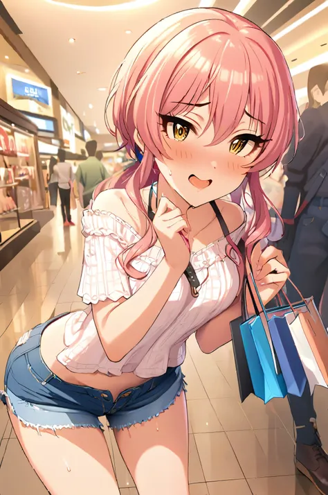 NSFW,masterpiece,Best Quality, Kampala, very detailed ,Mika Jougasaki ( The Idolmaster Cinderella Girls),Pink Hair、 yellow eyes,(Sex slave), casual, shorts,blush, Shopping Mall