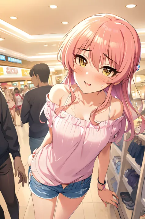 NSFW,masterpiece,Best Quality, Kampala, very detailed ,Mika Jougasaki ( The Idolmaster Cinderella Girls),Pink Hair、 yellow eyes,(Sex slave), casual, shorts,blush, Shopping Mall