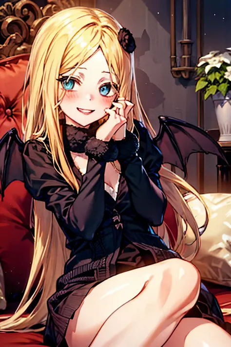 anime girl looking at you, has a slight blush on her face, smiling happily, sitting properly