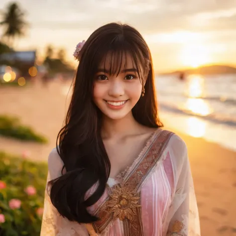 thailand girl in the thai dress,take a walk on the sandy beach at sunset