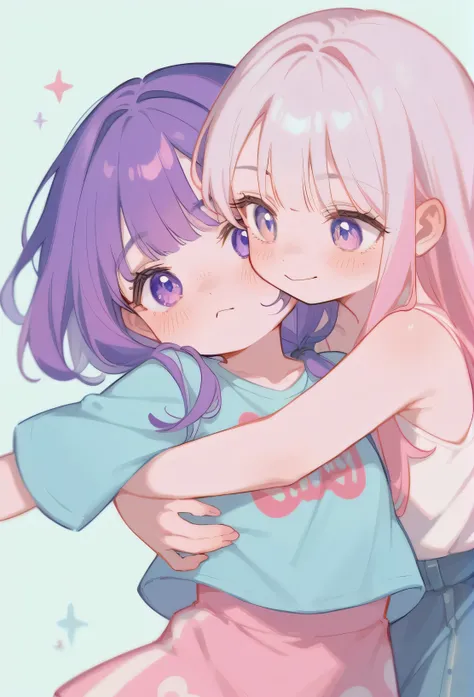 illustration, best quality, chibi style, (pastel color),Low Fidelity (lofi) art style,
pastel pink and purple tones,2girls, hugging each other, one girl with purple hair, one girl with white hair, blushing expressions, simple background with pink and white...