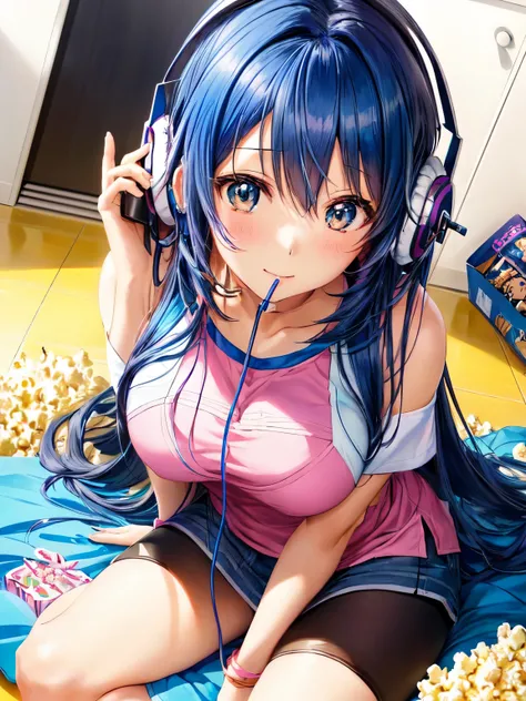 a woman in headphones sitting on the floor with a box of popcorn, seductive anime girl, anime best girl, attractive anime girl, anime girl, beautiful alluring anime teen, ecchi, ecchi anime style, an anime girl, anime girls, (anime girl), cute anime girl, ...