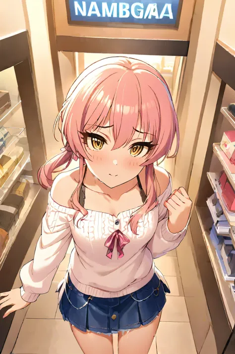 NSFW,masterpiece,Best Quality, Kampala, very detailed ,Mika Jougasaki ( The Idolmaster Cinderella Girls),Pink Hair、 yellow eyes,(Sex slave), casual, off shoulder, miniskirt in length,blush, Shopping Mall