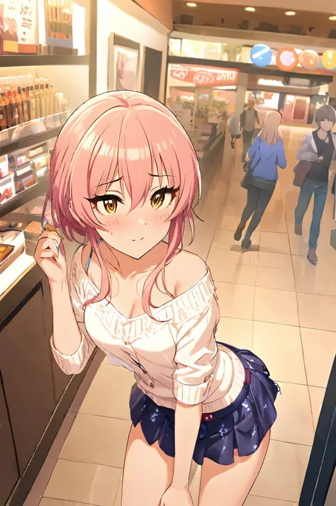 NSFW,masterpiece,Best Quality, Kampala, very detailed ,Mika Jougasaki ( The Idolmaster Cinderella Girls),Pink Hair、 yellow eyes,(Sex slave), casual, off shoulder, miniskirt in length,blush, Shopping Mall