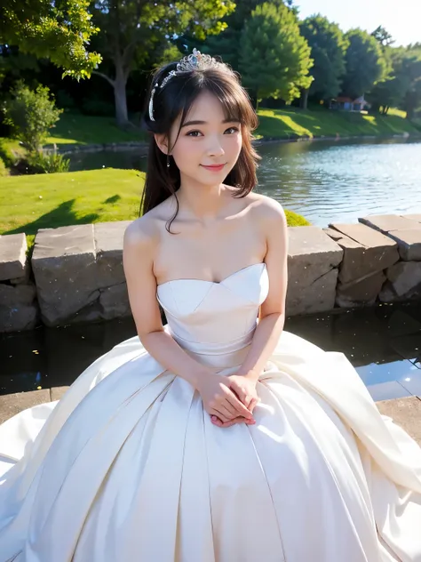 1 girl, smile, shiny skin, delicate face, best quality, masterpiece, (realistic: 1.4), wedding dress, random hairstyle, perfect figure, small breasts, princess