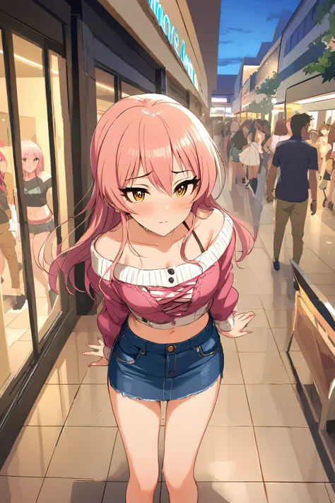 NSFW,masterpiece,Best Quality, Kampala, very detailed ,Mika Jougasaki ( The Idolmaster Cinderella Girls),Pink Hair、 yellow eyes,(Sex slave), casual, off shoulder, crop top, miniskirt in length,blush, Shopping Mall