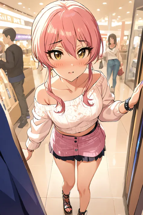 NSFW,masterpiece,Best Quality, Kampala, very detailed ,Mika Jougasaki ( The Idolmaster Cinderella Girls),Pink Hair、 yellow eyes,(Sex slave), casual, off shoulder, crop top, miniskirt in length,blush, Shopping Mall