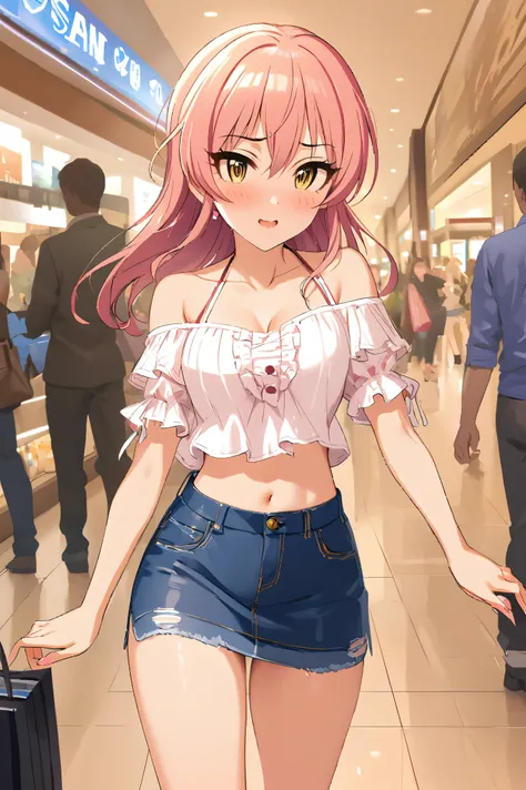 NSFW,masterpiece,Best Quality, Kampala, very detailed ,Mika Jougasaki ( The Idolmaster Cinderella Girls),Pink Hair、 yellow eyes,(Sex slave), casual, off shoulder, crop top, miniskirt in length,blush, Shopping Mall