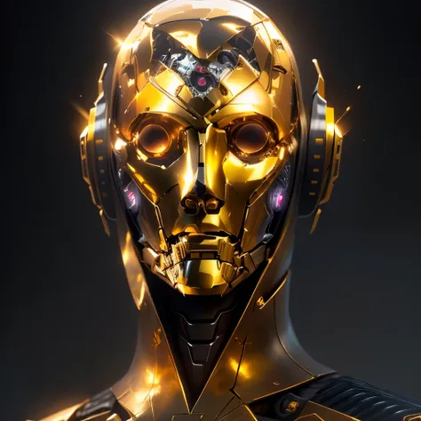 close up of a humanoid alien, human faceを持つロボット,  metallic face portrait , human face,  futuristic robot portrait , golden human...