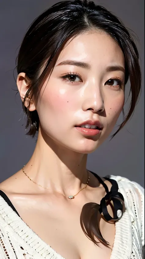 (Best Quality, 8k, 32K, masterpiece, ultra high resolution:1.2), pictures of beautiful Japanese women, Large Breasts, very short bob hair , upper body, Face Focus ,Extra Large_sweater, necklace , simple background, the above, Staring at,