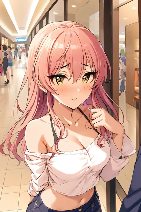 NSFW,masterpiece,Best Quality, Kampala, very detailed ,Mika Jougasaki ( The Idolmaster Cinderella Girls),Pink Hair、 yellow eyes,(Sex slave), casual, off shoulder, crop top,blush, Shopping Mall