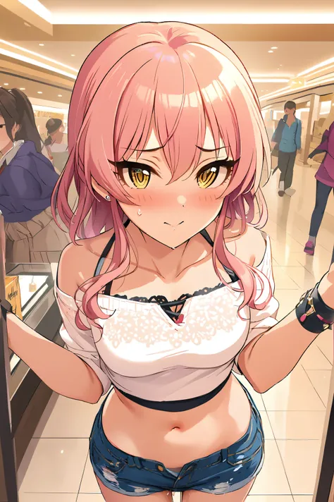 NSFW,masterpiece,Best Quality, Kampala, very detailed ,Mika Jougasaki ( The Idolmaster Cinderella Girls),Pink Hair、 yellow eyes,(Sex slave), casual, off shoulder, crop top,blush, Shopping Mall