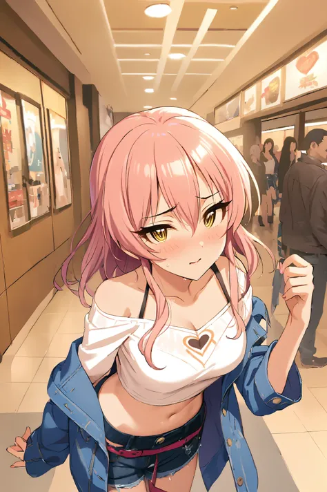 NSFW,masterpiece,Best Quality, Kampala, very detailed ,Mika Jougasaki ( The Idolmaster Cinderella Girls),Pink Hair、 yellow eyes,(Sex slave), casual, off shoulder, crop top,blush, Shopping Mall