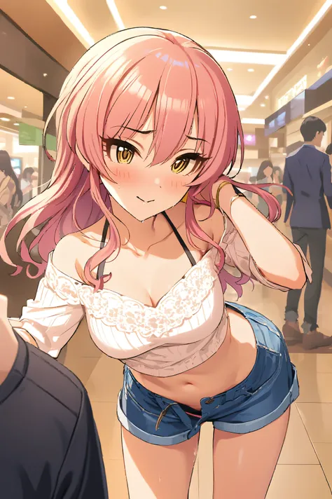 NSFW,masterpiece,Best Quality, Kampala, very detailed ,Mika Jougasaki ( The Idolmaster Cinderella Girls),Pink Hair、 yellow eyes,(Sex slave), casual, off shoulder, crop top,blush, Shopping Mall