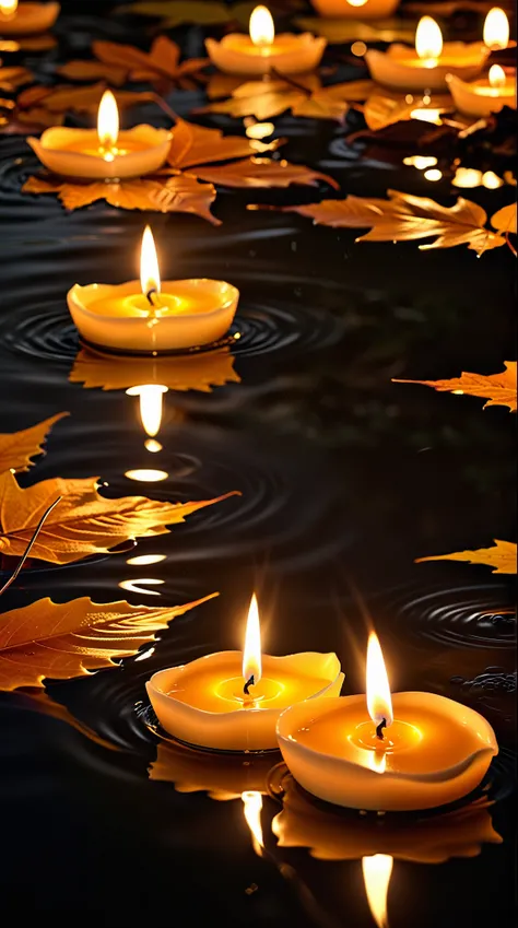 {Two warm, amber-toned leaves shaped like dancing figures float on a softly glowing river, lit by the warm flicker of candlelight. The forest is dark, but the gentle candle-like glow bathes the leaves and water in a soft, intimate light. The atmosphere fee...