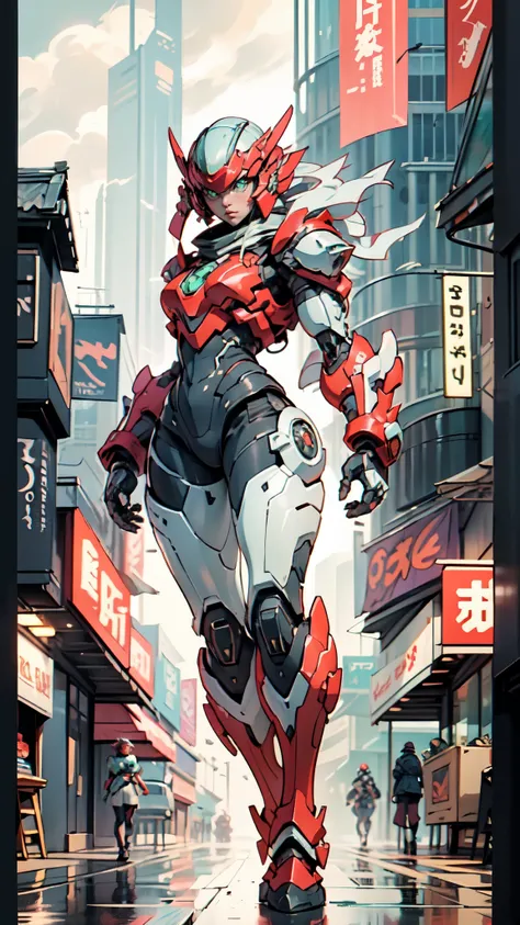 (masterpiece:1.5, best quality:1.5, extremely delicate:1.5), ((Female:1.2)), Biomimetic humanoid Mecha, green eyes, fully enclosed shoulder guards, matching arm and leg guards, gemstone, full body, full armor, the design balances heavy with agility, organi...