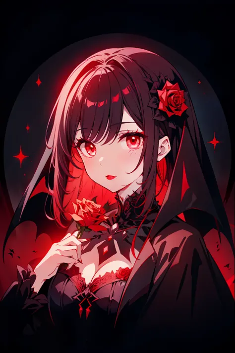 portrait of a gothic vampire bride : A pale vampire bride with bright red lips and a dark veil, holding a black rose .
