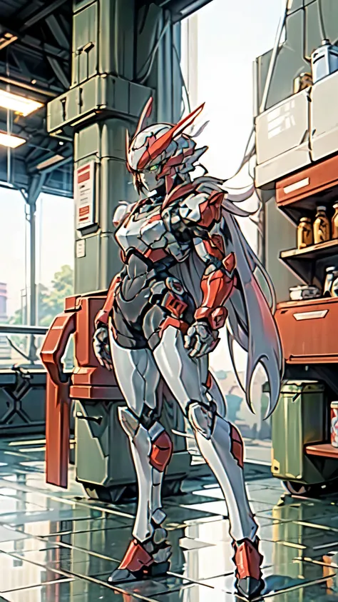 (masterpiece:1.5, best quality:1.5, extremely delicate:1.5), ((Female:1.2)), Biomimetic humanoid Mecha, green eyes, fully enclosed shoulder guards, matching arm and leg guards, gemstone, full body, full armor, the design balances heavy with agility, organi...