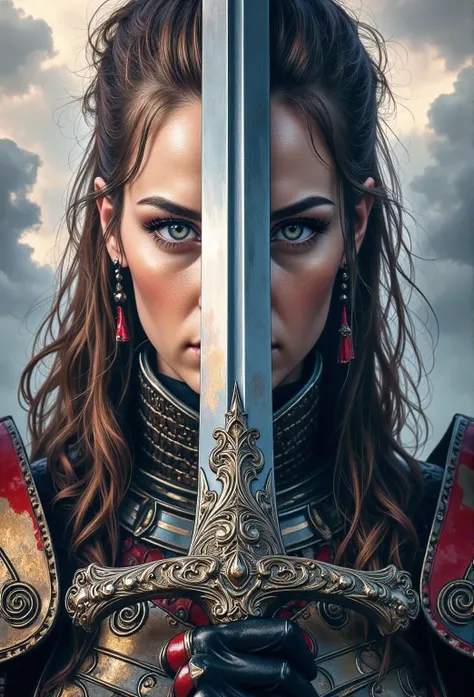 an extreme close-up portrait of a powerful, rugged, and battle-hardened female warrior stands as the embodiment of a master warr...