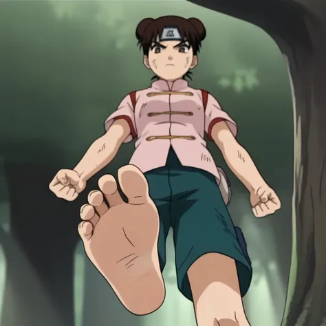 score_9, score_8_up, source_anime,
1boy, Tenten, brown hair, dark eyes, pink shirt, short sleeves, green shorts, clenched hands, alone, looking at viewer, serious expression, standing, cowboy shot, ANIME SCREENCAP, anime coloring, in a forest, barefoot, pe...